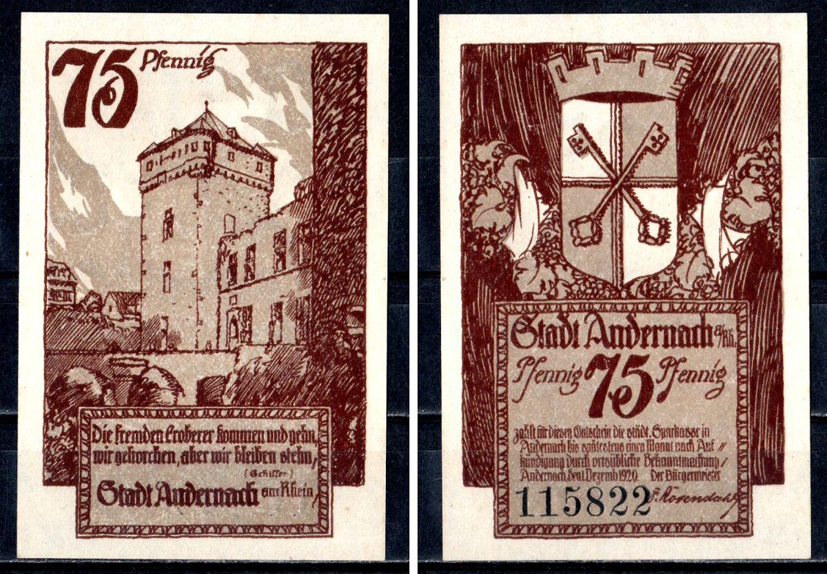 Андернах (Пруссия, Рейн) 75 пфеннигов 1920 Mehl Grabowski 32.2a.2 бумага UNC (пресс) 7556-44-1-2