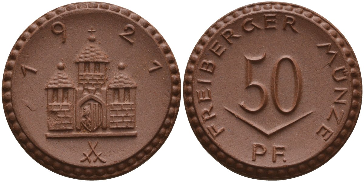 Фрайберг 50 пфеннигов 1921  Men05 8084.7, Men05 8084.8, Men22.2 10080 фарфор     AUC2-8-58