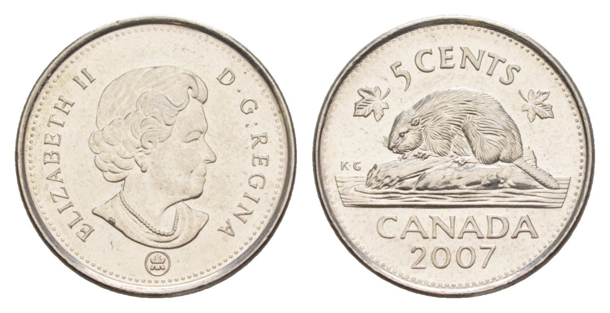 Канада 5 центов 2007 Leaf, Елизавета II (1952-2022), бобр KM 491 сталь плакированная никелем UNC 4630-763