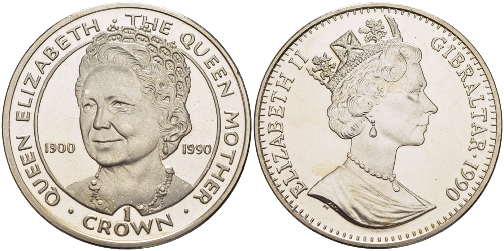Гибралтар 1 крона 1990 90 лет со дня рождения королевы матери Елизавете KM 46 медно-никель BUNC 1084-8-23