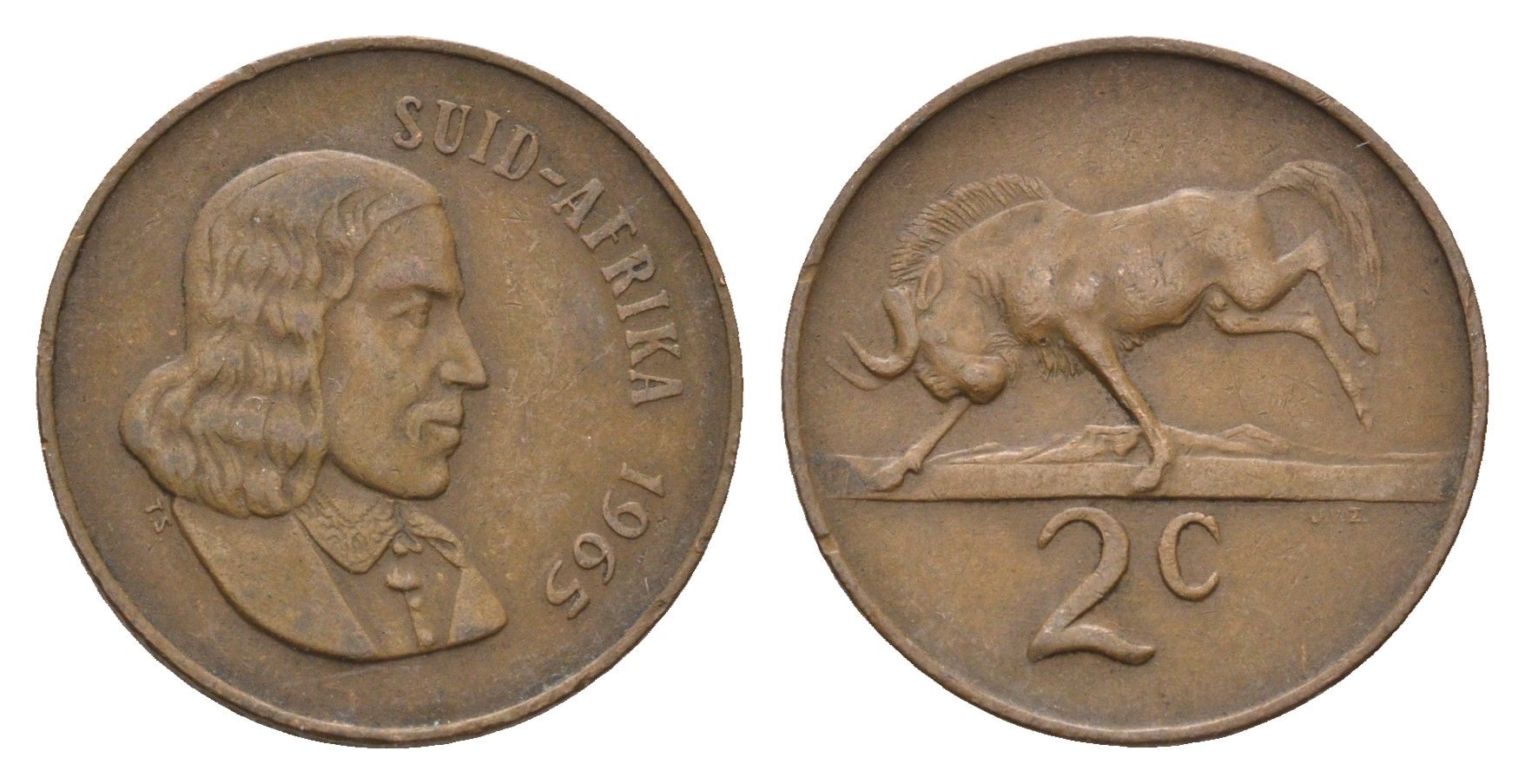 ЮАР 2 цента 1965 Ян ван Рибек (1619-1677), Suid Africa, легенда на африкаанс, антилопа гну KM 66.2 бронза 4669-1225