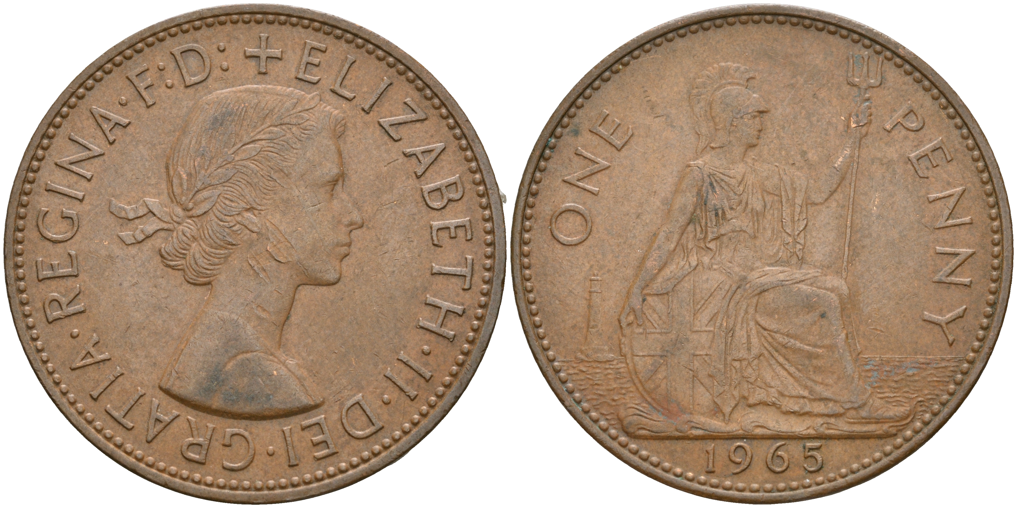 Великобритания 1 пенни 1965 Елизавета II (1952-2022) КМ 897, Spink 4157 бронза    4110-412