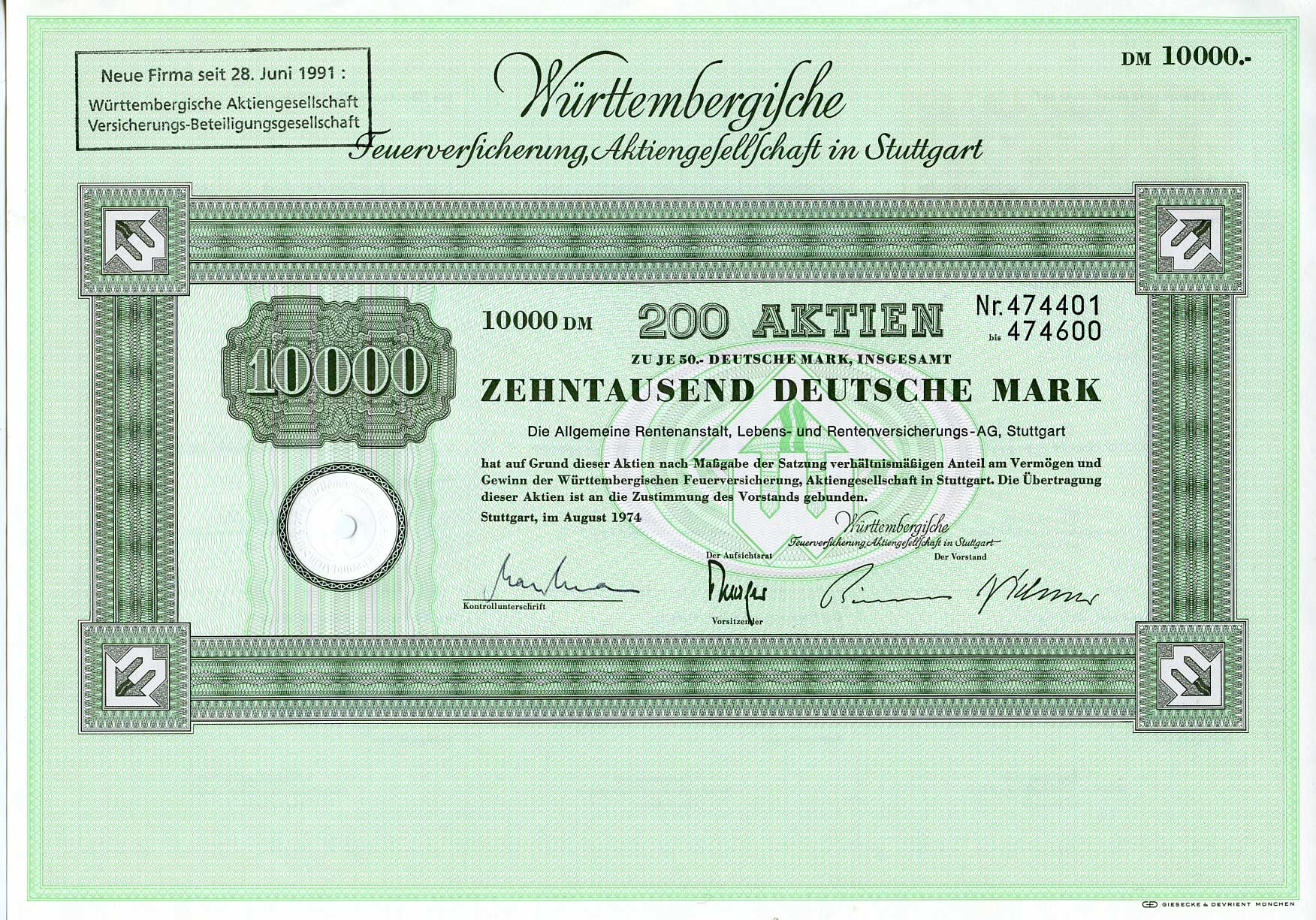 ФРГ 10000 марок 1974 Акционерное общество по страхованию от пожаров Вюртемберга, 200 акций   бумага   8803-44-1