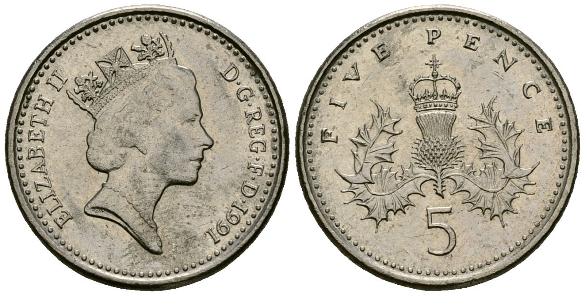 Великобритания 5 пенсов 1991 Елизавета II (1952-2022) KM 937b, Spink 4372 (D4) медно-никель 4173-1244