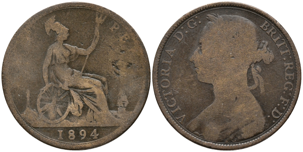 Великобритания 1 пенни 1894 Виктория (1837-1901) KM 755, Spink 3954 бронза 32-815
