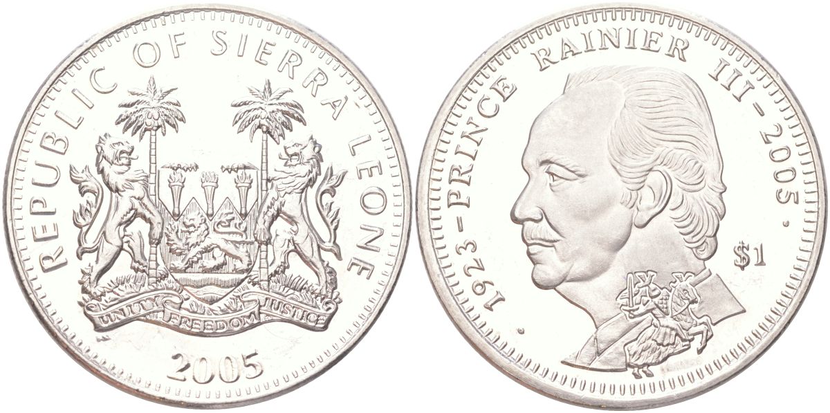 Сьерра-Леоне 1 доллар 2005 Смерть Принца Ренье III KM 345 медно-никель BU 4368-1211