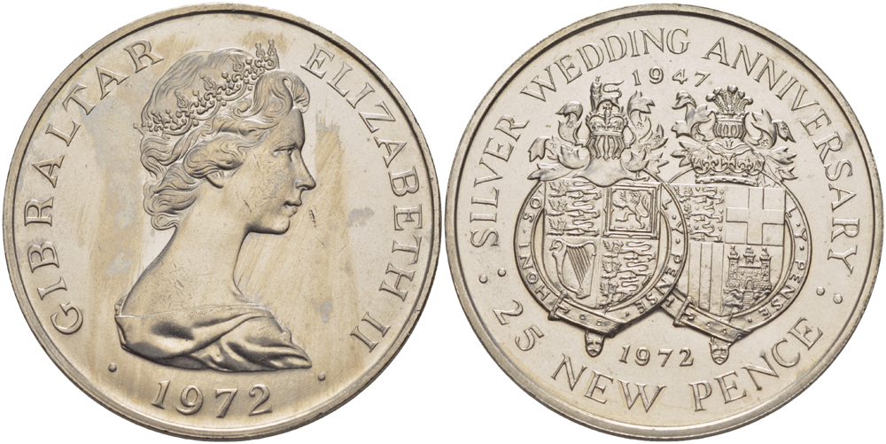 Гибралтар 25 пенсов 1972 серебряная свадьба Елизаветы II и Филиппа (1947-1972) KM 6 медно-никель UNC 118-733