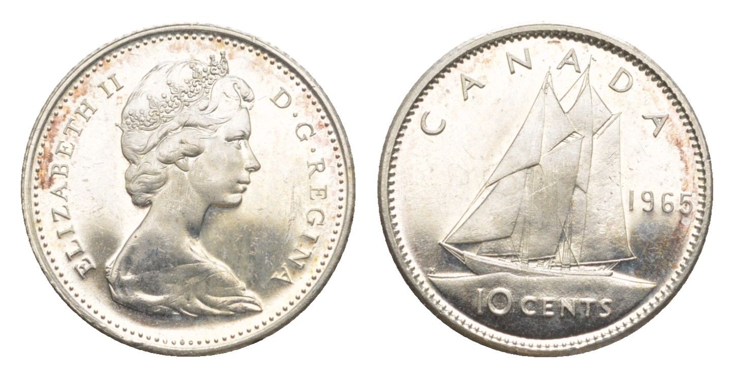 Канада 10 центов 1965 Елизавета II (1952-2022), парусник KM 61 серебро UNC 4639-614