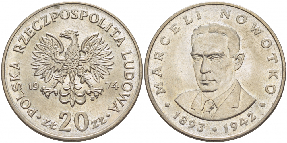 Польша 20 злотых 1974 MW, Марцелий Новотко KM 69, Parchimowicz 246 медно-никель 3996-242