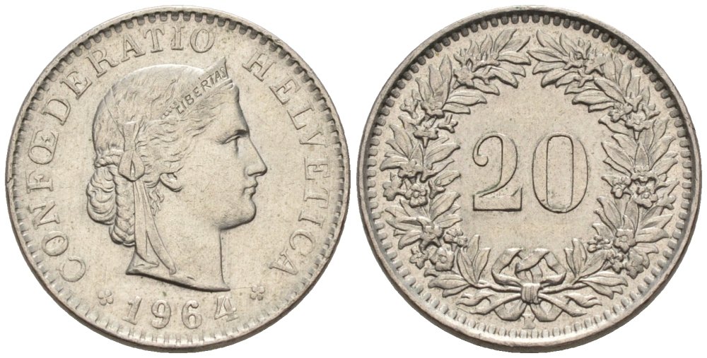 Швейцария 20 раппенов 1964 B KM 29а медно-никель 4576-959