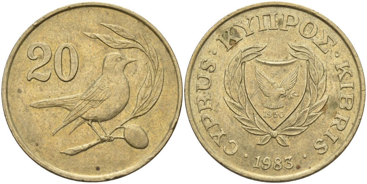 Кипр 20 центов 1983 птичка KM 57.1 никель латунь 4140-713