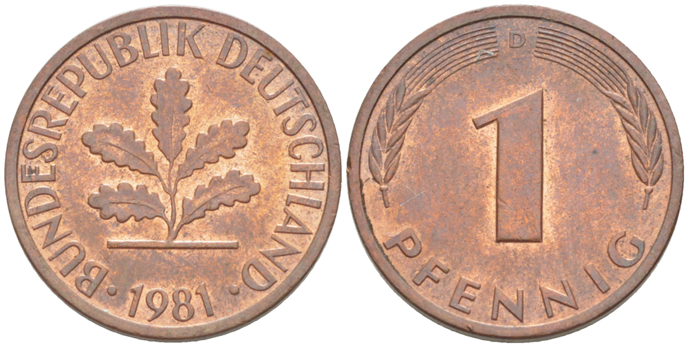 ФРГ 1 ПФЕННИГ 1981 D KM 105, J. 380 сталь плакированная медью 4181-645