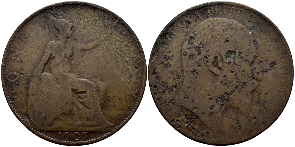 Великобритания 1 пенни 1907 Эдуард VII (1901-1910) KM 794.2, Spink 3990 бронза 75-326