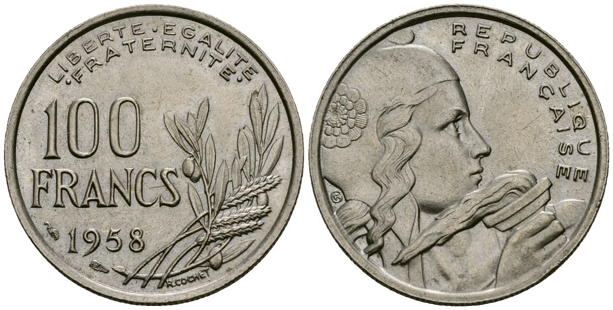 Франция 100 франков 1958 метка: крыло KM 919 медно-никель 4556-227
