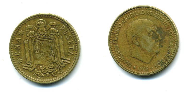 ИСПАНИЯ 1 ПЕСЕТА 1966 (67) ФРАНСИСКО ФРАНКО ДИКТАТОР ИСПАНИИ (1939-1975) КМ 796 алюминиевая бронза 54-251