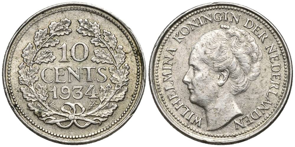 Нидерланды 10 центов 1934 Вильгельмина I (1890-1948) КМ 163 серебро 4549-1041