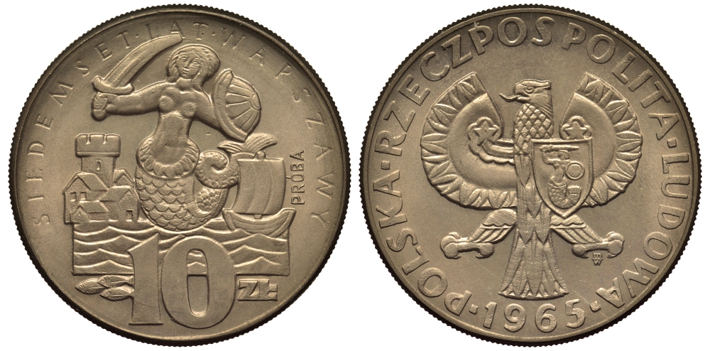 Польша 10 злотых 1965 MW, 700 лет Варшаве, проба, probe KM Pr 133 медно-никель  UNC 1523-415