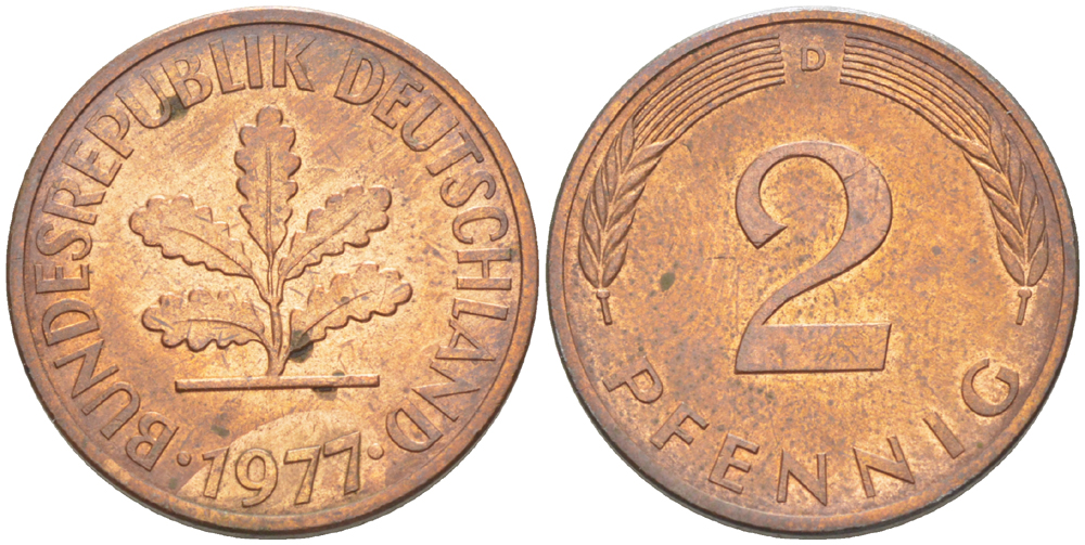 ФРГ 2 пфеннига 1977 D KM 106a, J. 381a сталь плакированная медью 4181-825