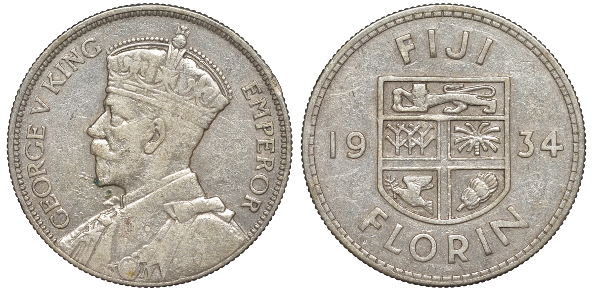 Фиджи 1 флорин 1934 Георг V (1910-1936), герб Фиджи KM 5 серебро    91-1113