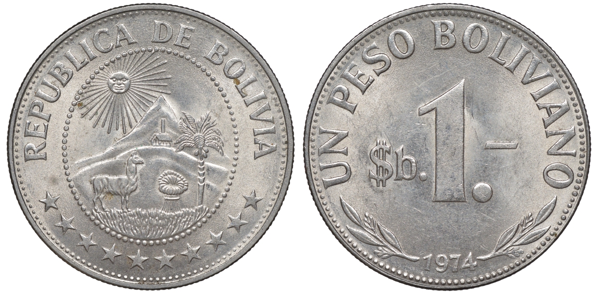 Боливия 1 песо 1974 KM 192 сталь плакированная никелем 4607-211