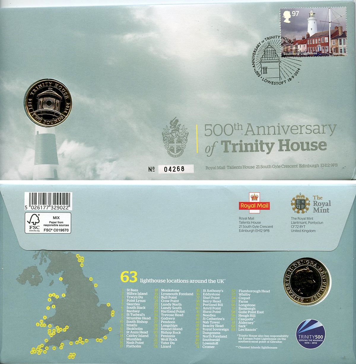 Великобритания 2 фунта 2014 500 лет Тринити-хаус (Trinity House), в оригинальном конверте, с марками, первый день гашения KM 1313, Spink K33 биметалл BU 4-3-8-63