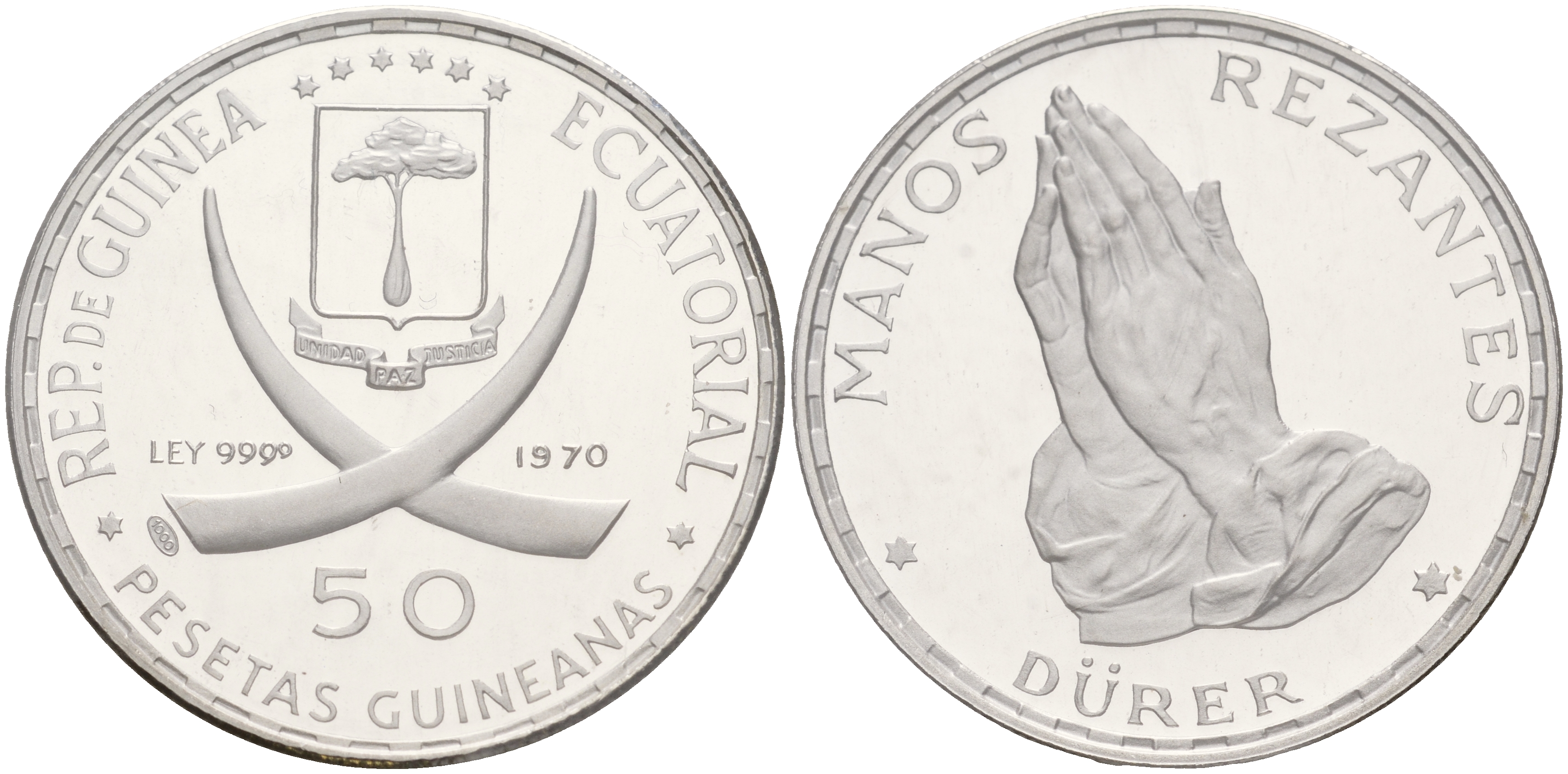 Экваториальная Гвинея 50 песет 1970 Дюрер, руки в молитве, в запайке KM 7 серебро PROOF 3831-322