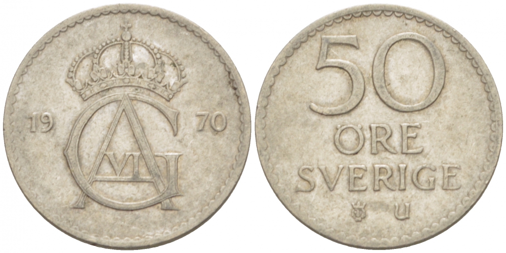Швеция 50 эре 1970 U Густав VI Адольф (1950-1973) KM 837 медно-никель 77-633