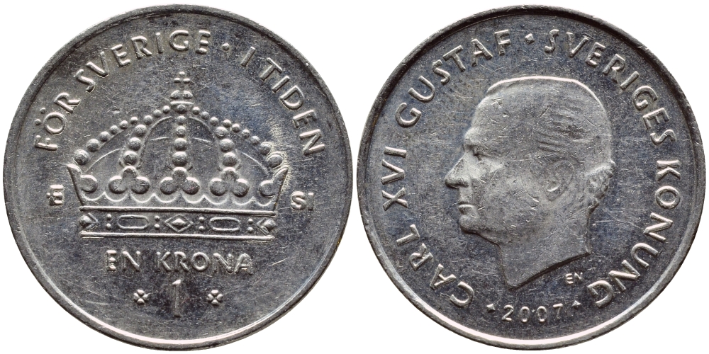 Швеция 1 крона 2007 Карл XVI Густав (1973- ) KM 894 медно-никель 176-136