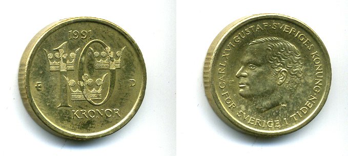 Швеция 10 крон 1991 D Карл XVI Густав (1973- ) KM 877 медь алюминий цинк 25-1941