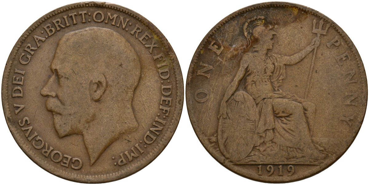 Великобритания 1 пенни 1919 Георг V (1910-1936) KM 810, Spink 4051 бронза 4157-145