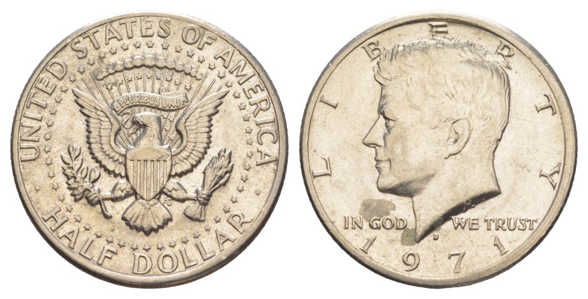 США 1/2 доллара (50 центов) 1971 D, Джон Кеннеди KM 202b медь плакированная медно-никелем aUNC 215-1246