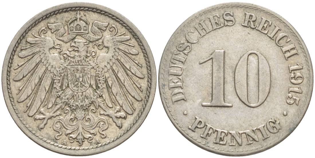 Германия 10 пфеннигов 1915 A KM 12, Jager 13, Weege 8 медно-никель 219-246