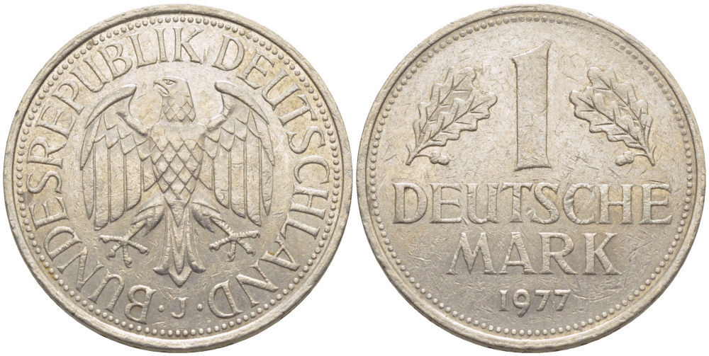ФРГ 1 МАРКА 1977 J J.385, KM 110 медно-никель 3856-137