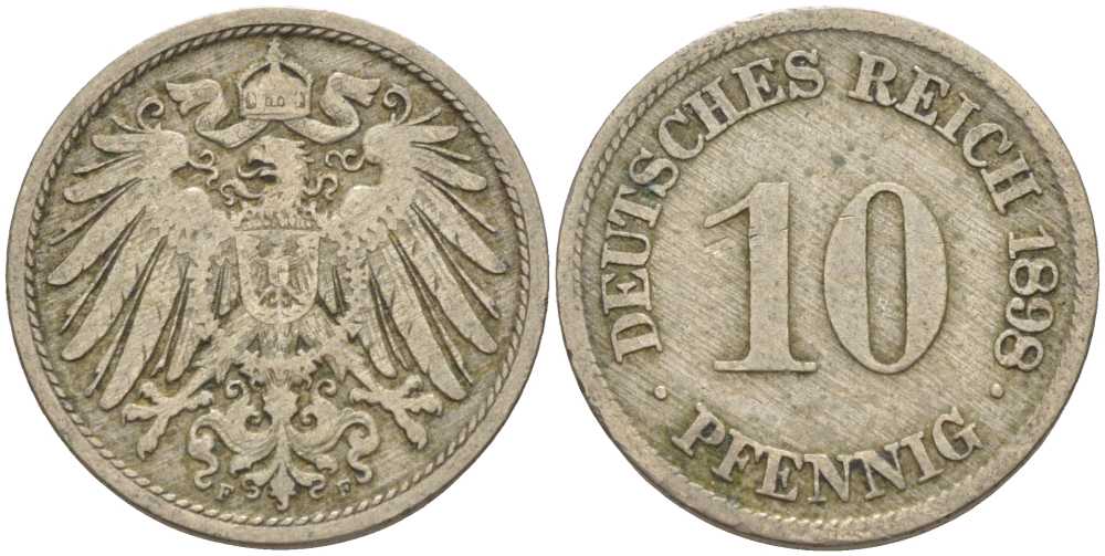 ГЕРМАНИЯ 10 ПФЕННИГОВ 1898 F KM 12, J. 13 медно-никель 4401-1043