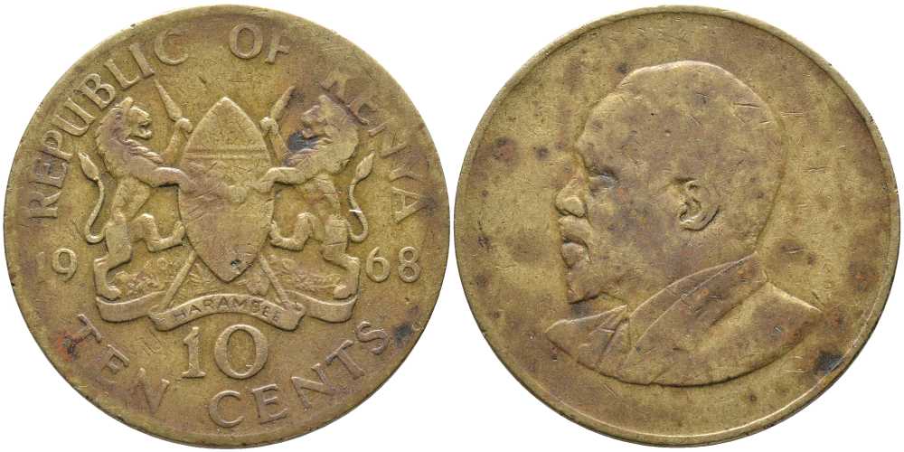 Кения 10 центов 1968 Джомо Кениата KM 2 никель латунь 111-114