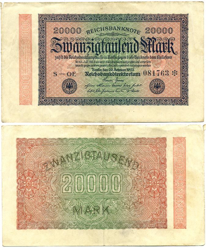 ГЕРМАНИЯ 20000 МАРОК 1923 20 ФЕВРАЛЯ 1923, ВОДЯНОЙ ЗНАК G Pick 85с бумага 7547-86-1