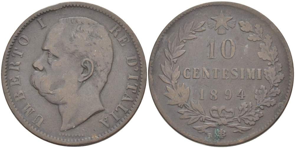 Италия 10 чентезимо 1894 B/I, Умберто I (1878-1900) KM 27.1 медь 4526-1025