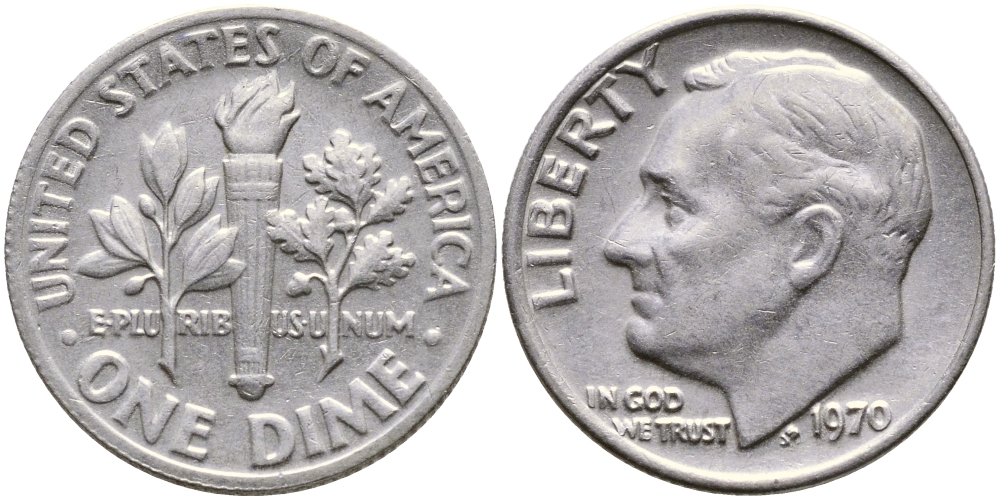 США 10 ЦЕНТОВ = 1 ДАЙМ 1970 РУЗВЕЛЬТ KM 195а медь плакированная медно-никелем 51-5068