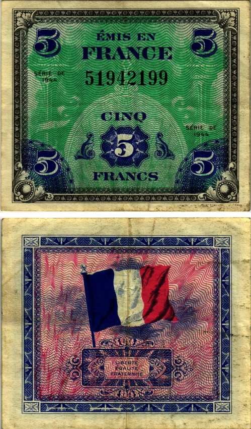 ФРАНЦИЯ 5 ФРАНКОВ 1944 ПЕРВЫЙ ДОПОЛНИТЕЛЬНЫЙ ВЫПУСК Pick 115a бумага 7183-14-3-1
