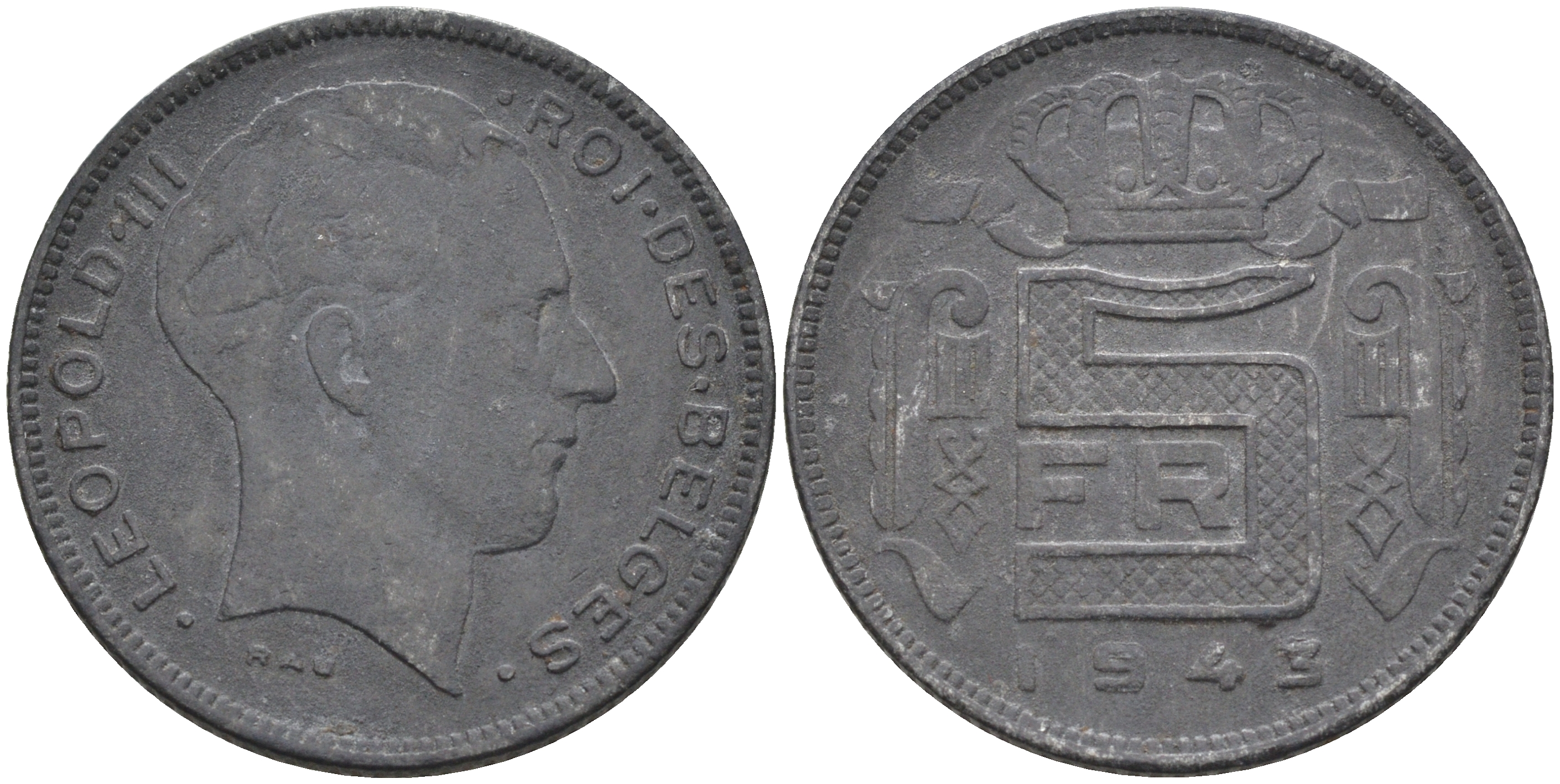 Бельгия 5 франков 1943 BELGES, германская оккупация KM 129.1 цинк    4595-131
