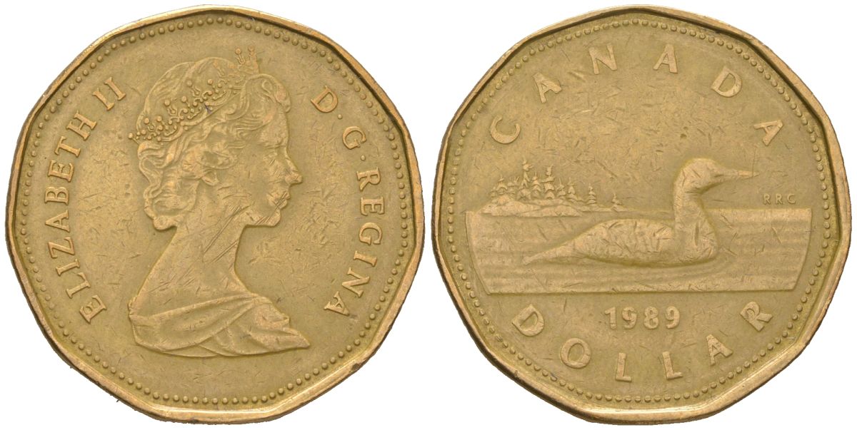 Канада 1 доллар 1989 Елизавета II (1952-2022), утка KM 157 никель плакированный позолоченной бронзой 4616-815