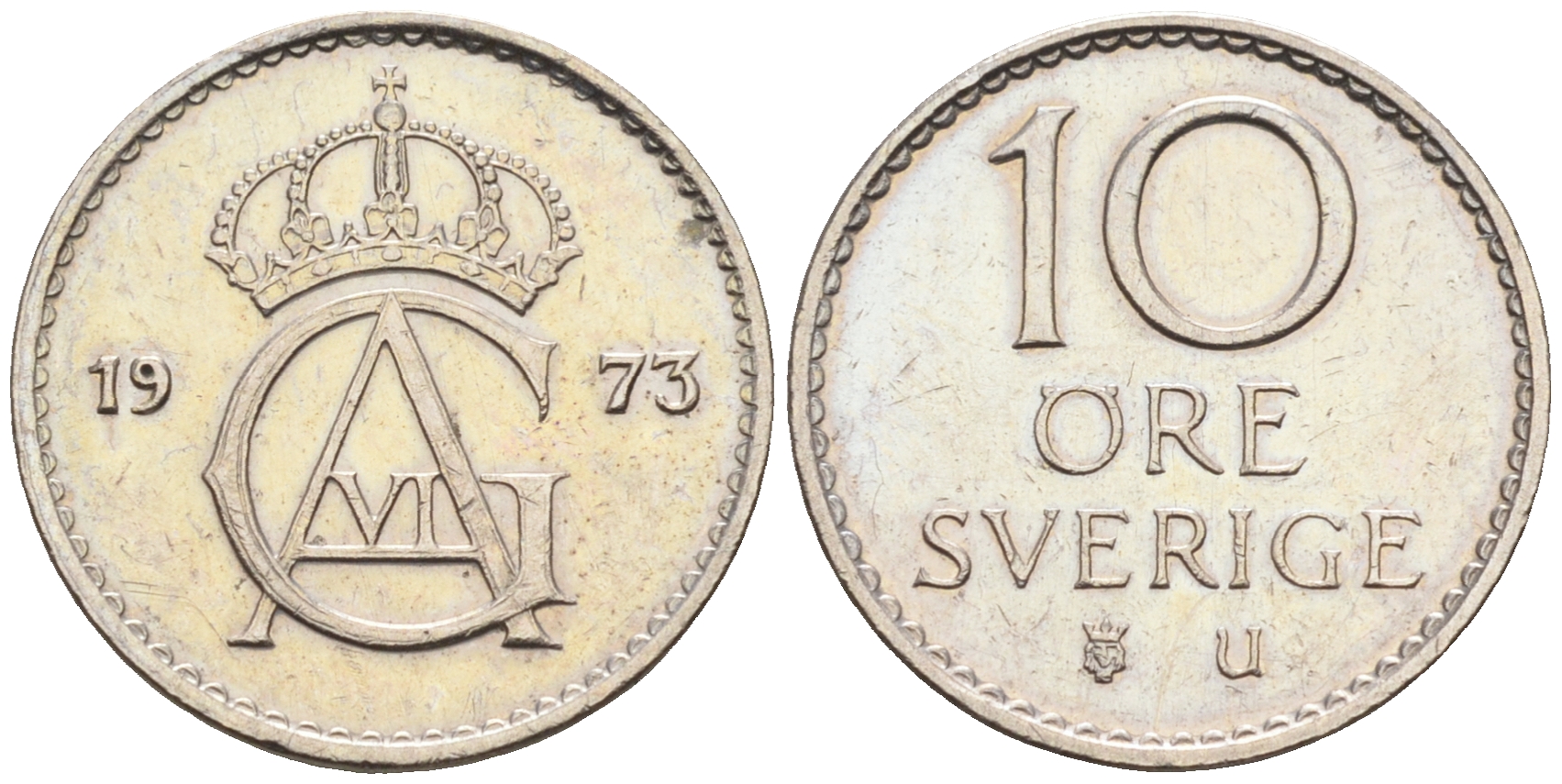 Швеция 10 эре 1973 U, Густав VI Адольф (1950-1973) КМ 835 медно-никель 4169-117