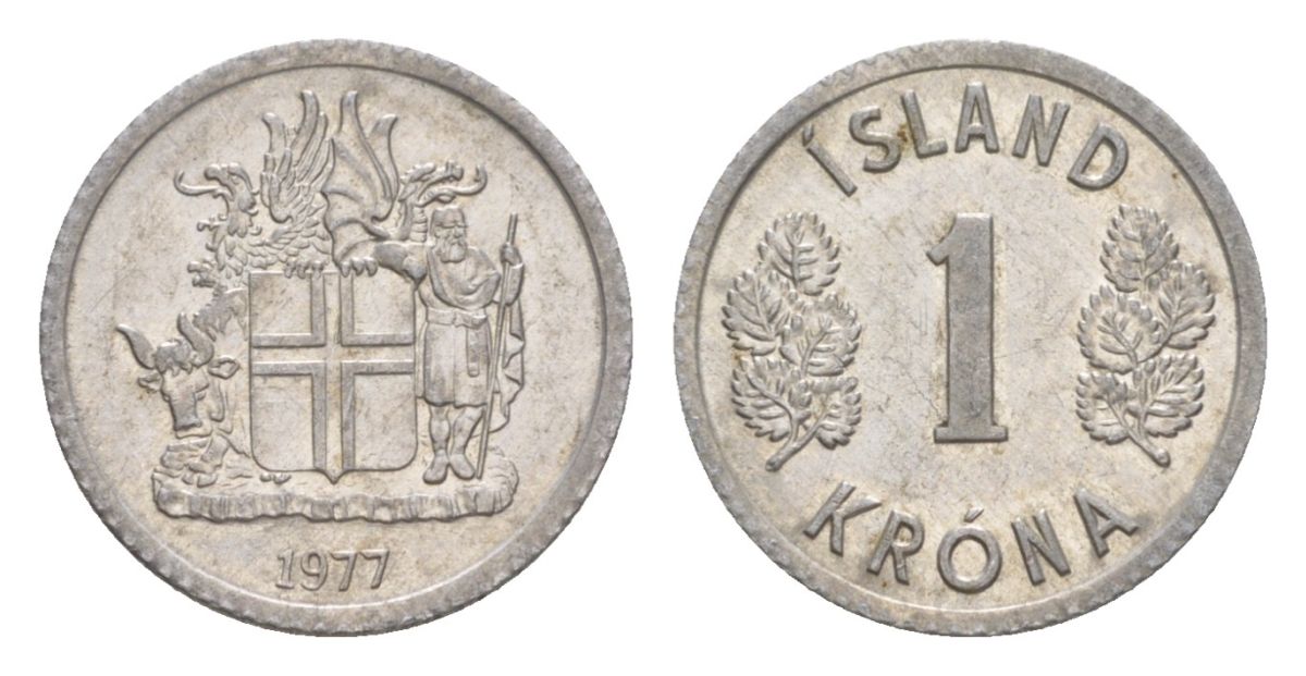 Исландия 1 крона 1977 KM 23 алюминий UNC 4632-958