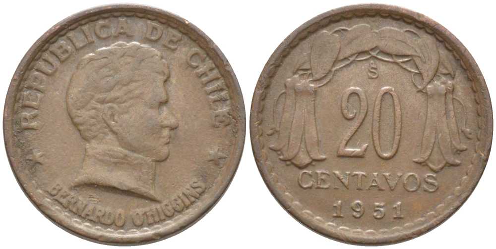 ЧИЛИ 20 СЕНТАВО 1951 So, ГЕНЕРАЛ БЕРНАРДО ХИГГИНС - ОСВОБОДИТЕЛЬ KM 177 медь 112-621