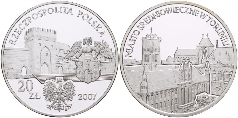 Польша 20 злотых 2007 MW, средневековое место в Торуне (TORUNIO) KM 579 серебро PROOF 11-268-41
