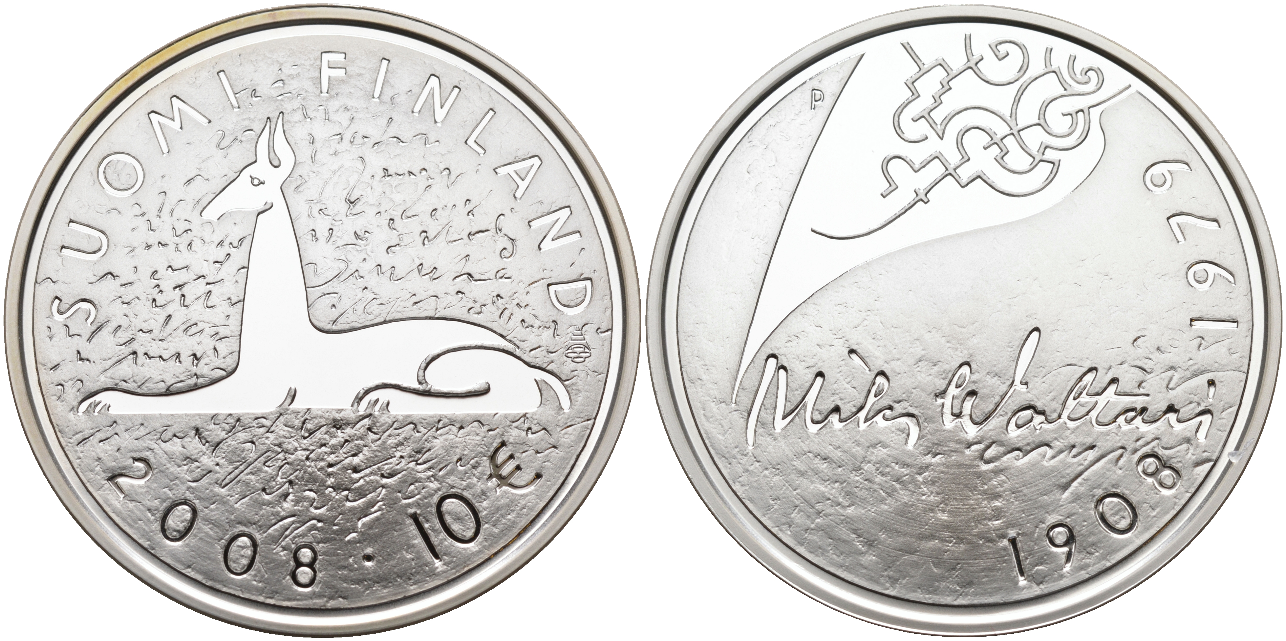 Финляндия 10 евро 2008 Мика Валтари, писатель KM 142 серебро  PROOF 11-114-25