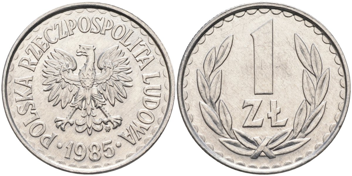 Польша 1 злотый 1985 MW, Народная Республика KM 49.1, Parchimowicz 213x алюминий UNC 4364-1512