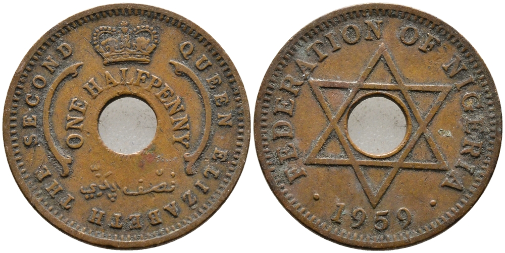 Нигерия 1/2 пенни 1959 Елизавета II (1952-), Британский протекторат KM 1 бронза 4387-524