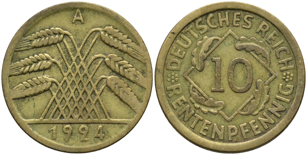 Германия 10 рентенпфеннигов 1924 A KM 33 алюминиевая бронза 4163-745