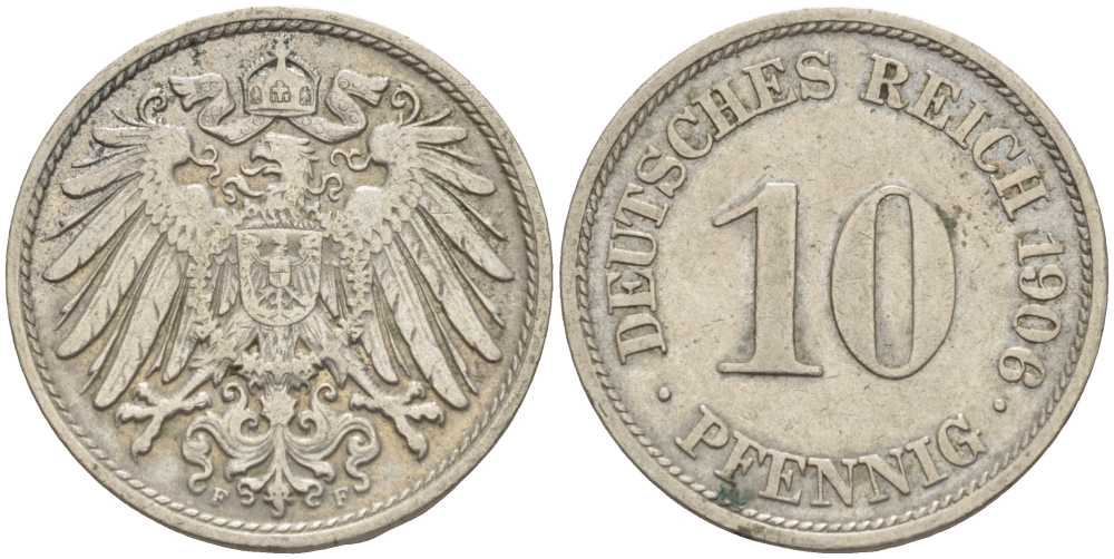 ГЕРМАНИЯ 10 ПФЕННИГОВ 1906 F KM 12, J. 13 медно-никель 34-817